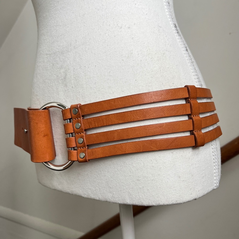 Vintage Banana Republic Cage Belt Large Brown Leather O-Ring Boho Y2K Wide Thick - Picture 8 of 9